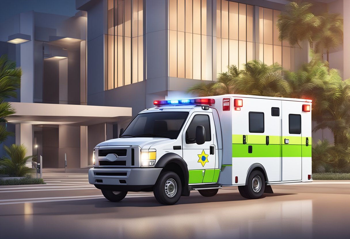 Uma ambulância tipo B brasileira estacionada do lado de fora de uma unidade médica, com as luzes de emergência piscando