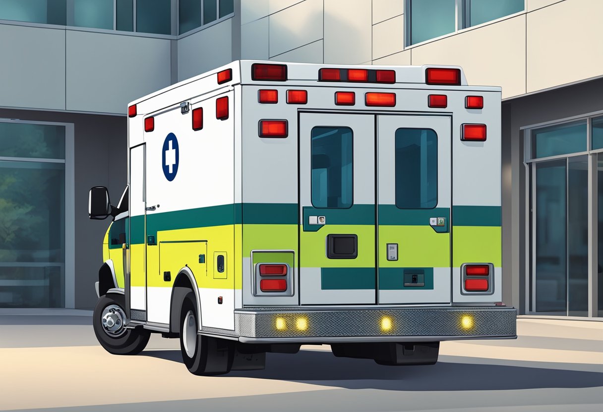 Uma ambulância Tipo B estacionada do lado de fora de uma unidade médica, com as luzes de emergência piscando e equipamentos médicos visíveis através das janelas.