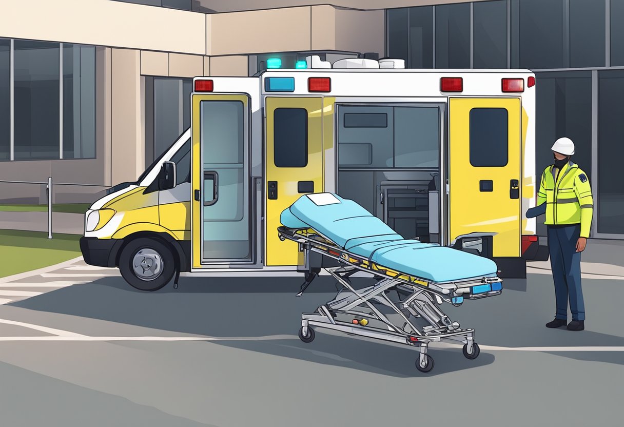 Ambulância Tipo B Legislação: Requisitos e Normas Atualizadas 1 Uma ambulância Tipo B estacionada em frente a uma unidade médica, com suas luzes piscando e paramédicos atendendo a um paciente em uma maca.