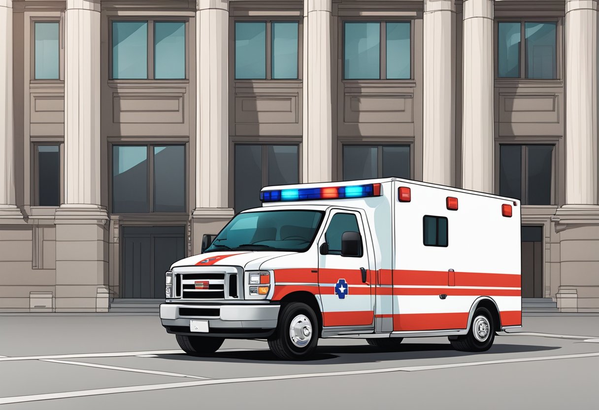 Ambulância Tipo B Legislação: Requisitos e Normas Atualizadas 2 Uma ambulância tipo B estacionada ao lado de um prédio do governo, com documentos legais e normativos expostos em uma mesa próxima.