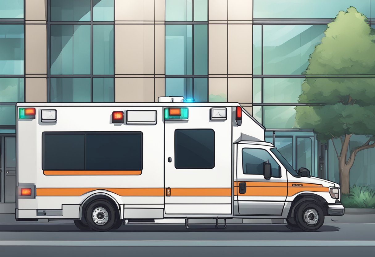 Ambulância Tipo B Legislação: Requisitos e Normas Atualizadas 4 Uma ambulância tipo B estacionada em frente a uma unidade de saúde, com luzes de emergência piscando e um paramédico ao lado.