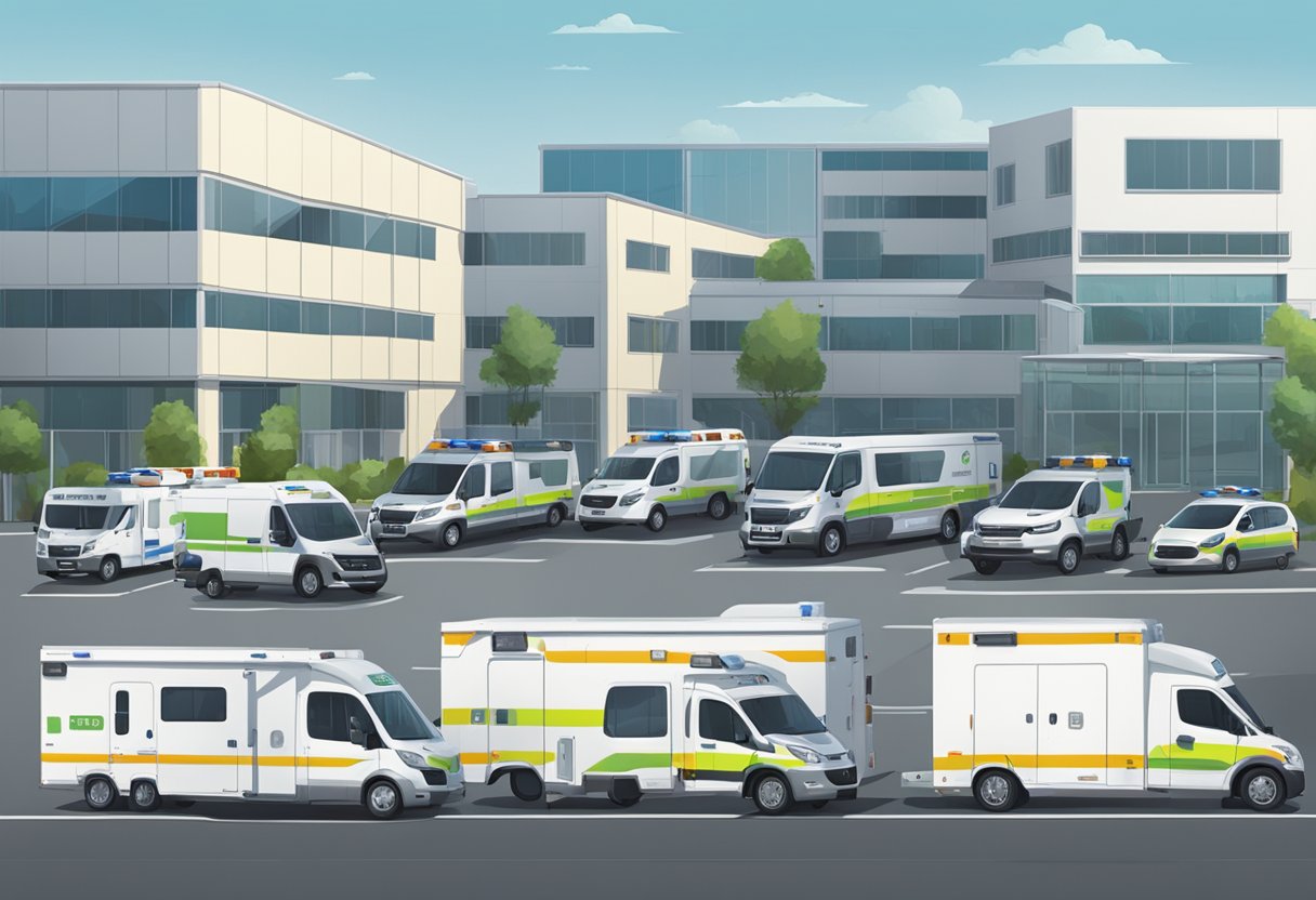 Uma frota de unidades móveis e estruturas de ambulância estacionadas na central de ambulâncias