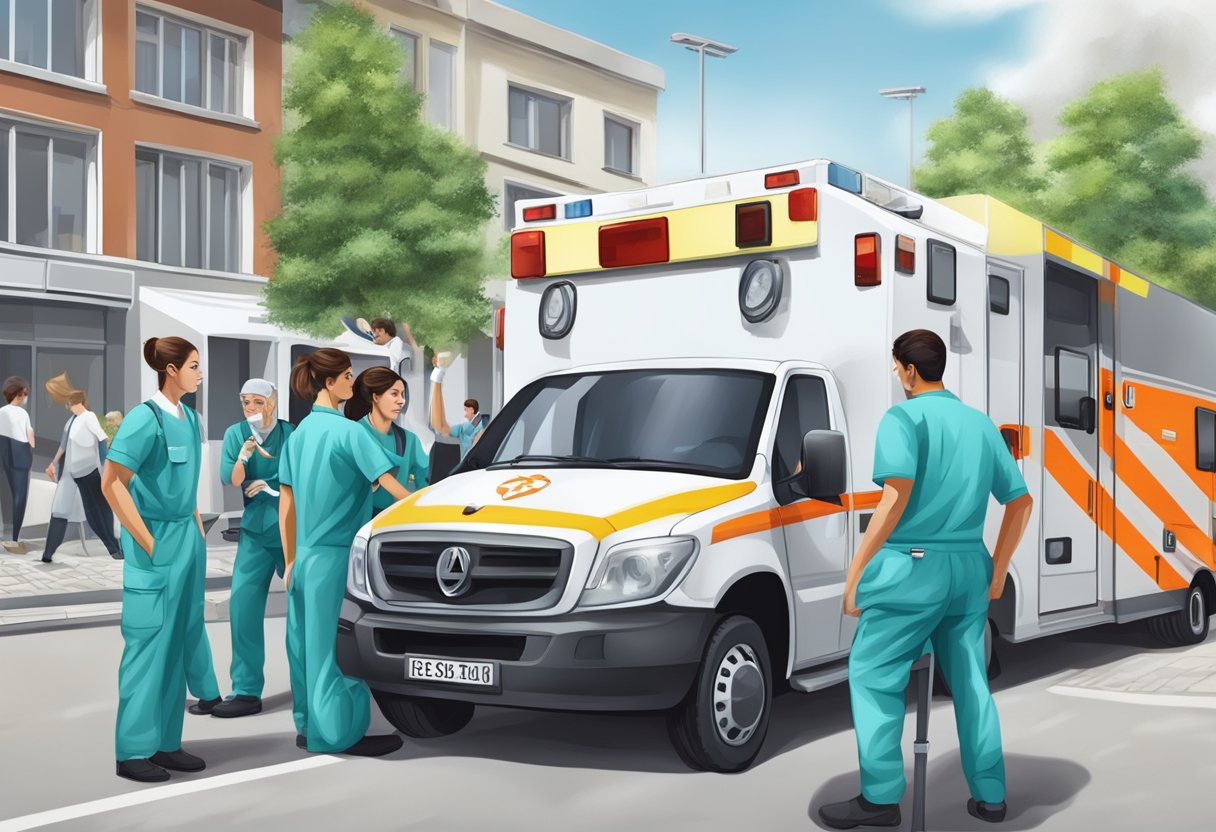 Uma equipe de profissionais médicos e uma equipe central de resgate de ambulância em ação