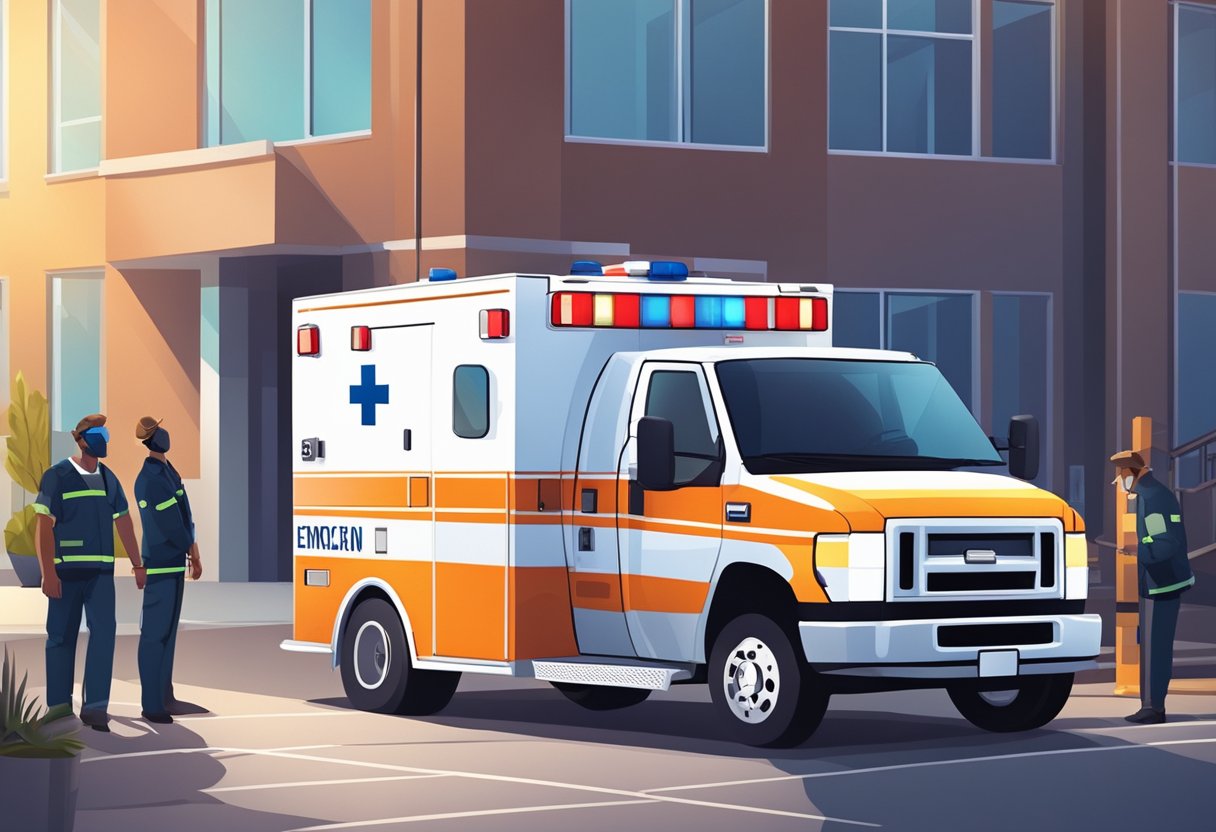 Uma ambulância estacionada do lado de fora de um prédio com luzes de emergência piscando, enquanto profissionais de saúde atendem a um paciente em uma maca.