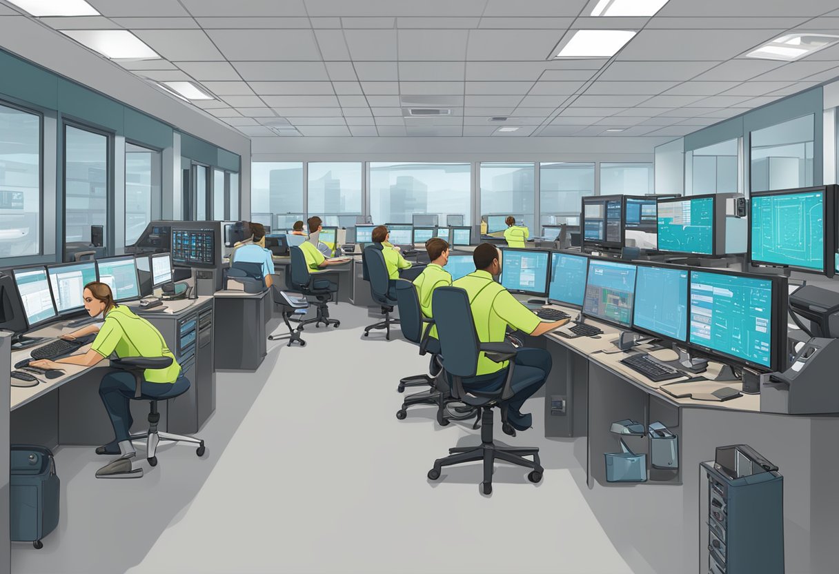 Um movimentado centro de despacho de ambulâncias com computadores, telefones e equipamentos médicos. A equipe está coordenando respostas de emergência e monitorando veículos nas telas.