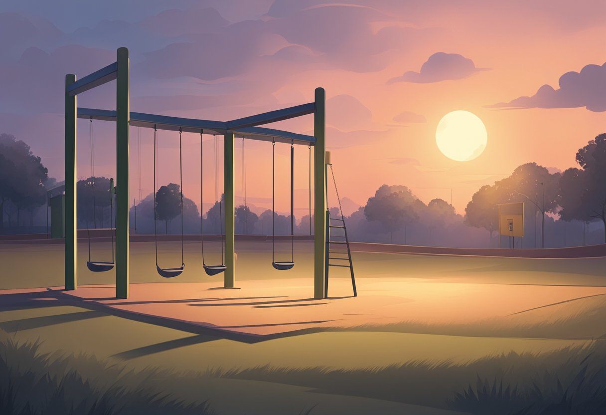 A deserted playground at dusk, with a lone swing swaying in the wind, symbolizing the disappearance of Adam Walsh