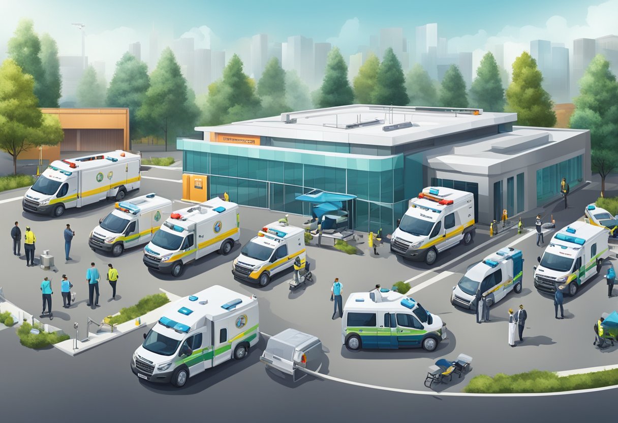Central de Ambulância: Serviços Essenciais e Atuação Eficaz 1 Uma central de ambulâncias moderna com múltiplos veículos estacionados do lado de fora, um heliponto e equipe médica se movimentando.