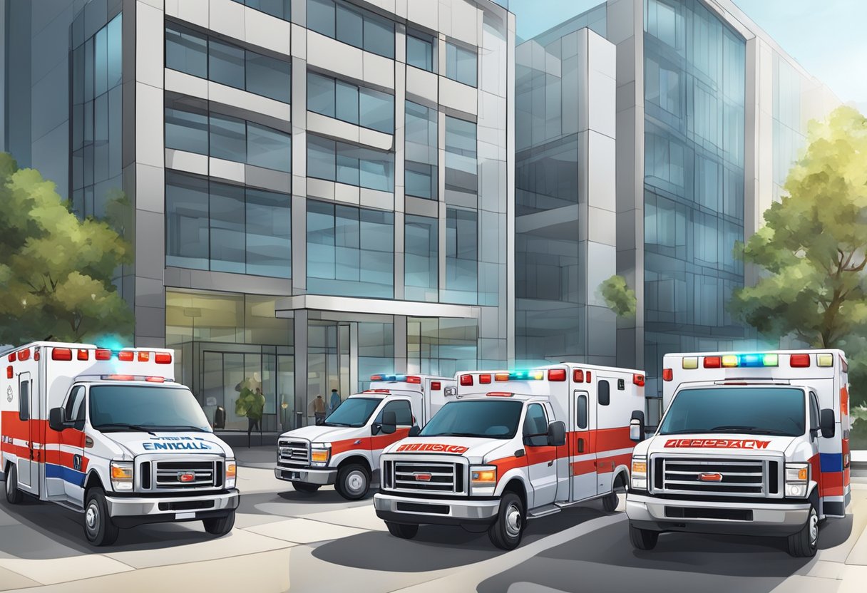 Central de Ambulância: Serviços Essenciais e Atuação Eficaz 2 Uma central de ambulâncias com vários veículos estacionados do lado de fora, luzes de emergência piscando, e equipes médicas entrando e saindo do prédio.