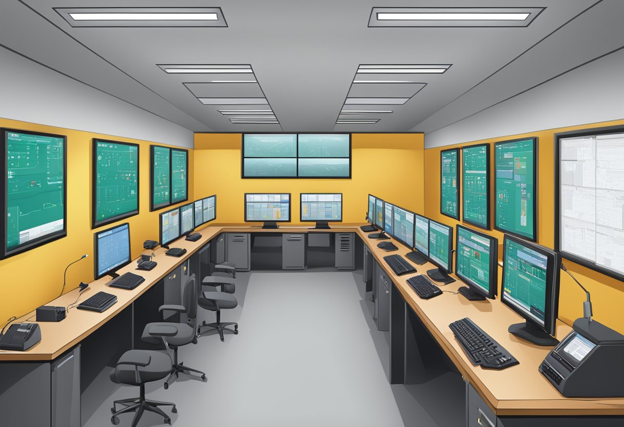 Central de Ambulância: Serviços Essenciais e Atuação Eficaz 4 Uma sala de despacho central com vários monitores de computador, telefones e equipamentos de resposta a emergências. Protocolos de emergência exibidos na parede.