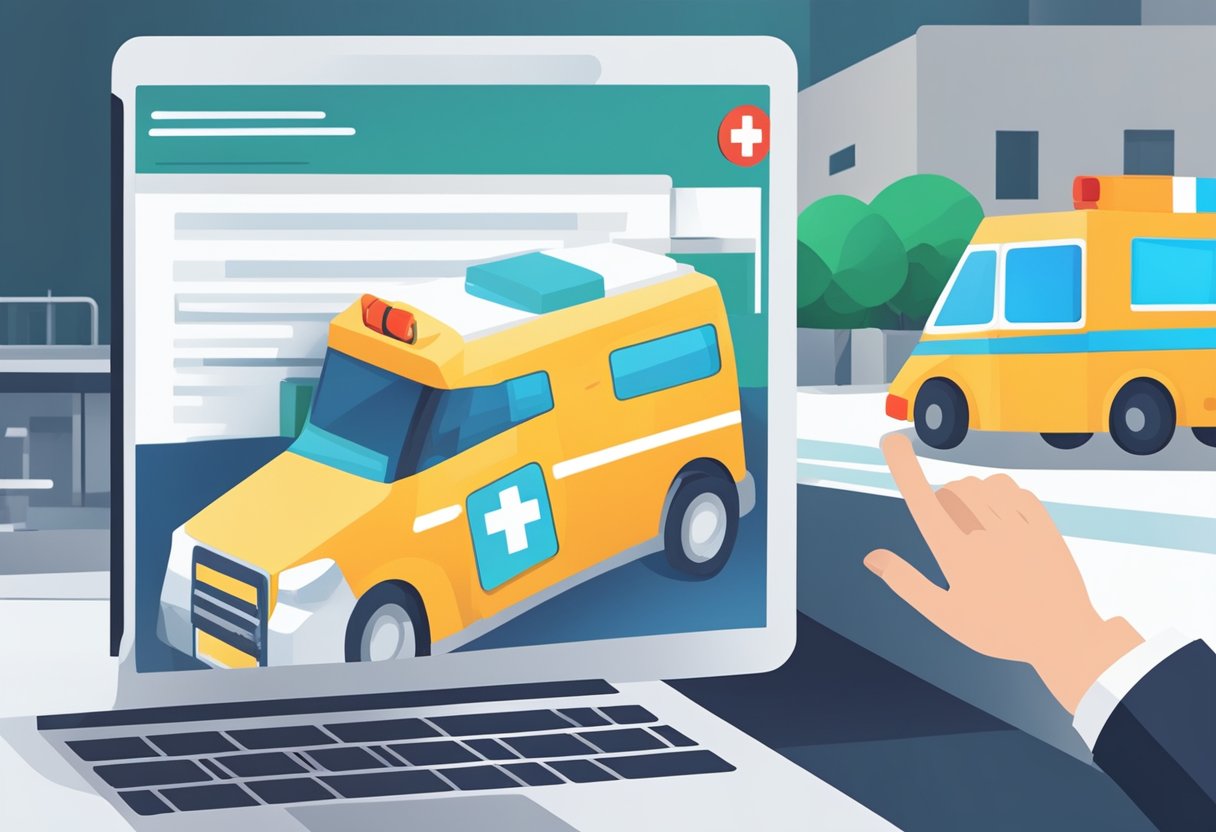 Central de Ambulância: Serviços Essenciais e Atuação Eficaz 6 Um ícone de presença digital na tela de um laptop, com uma mão se estendendo para tocá-lo, e uma ambulância ao fundo