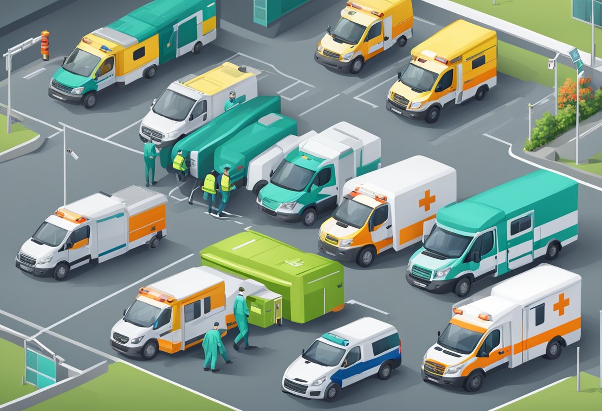 Uma estação central de ambulâncias com vários tipos de ambulâncias e unidades móveis estacionadas em fileiras, com paramédicos e equipe médica se movimentando.