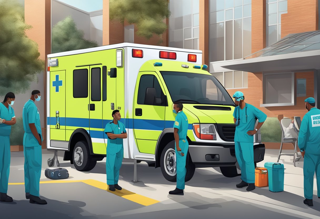 Uma equipe de profissionais de saúde e trabalhadores de resgate se reúne em torno de uma estação central de ambulâncias, preparando-se para responder a emergências.