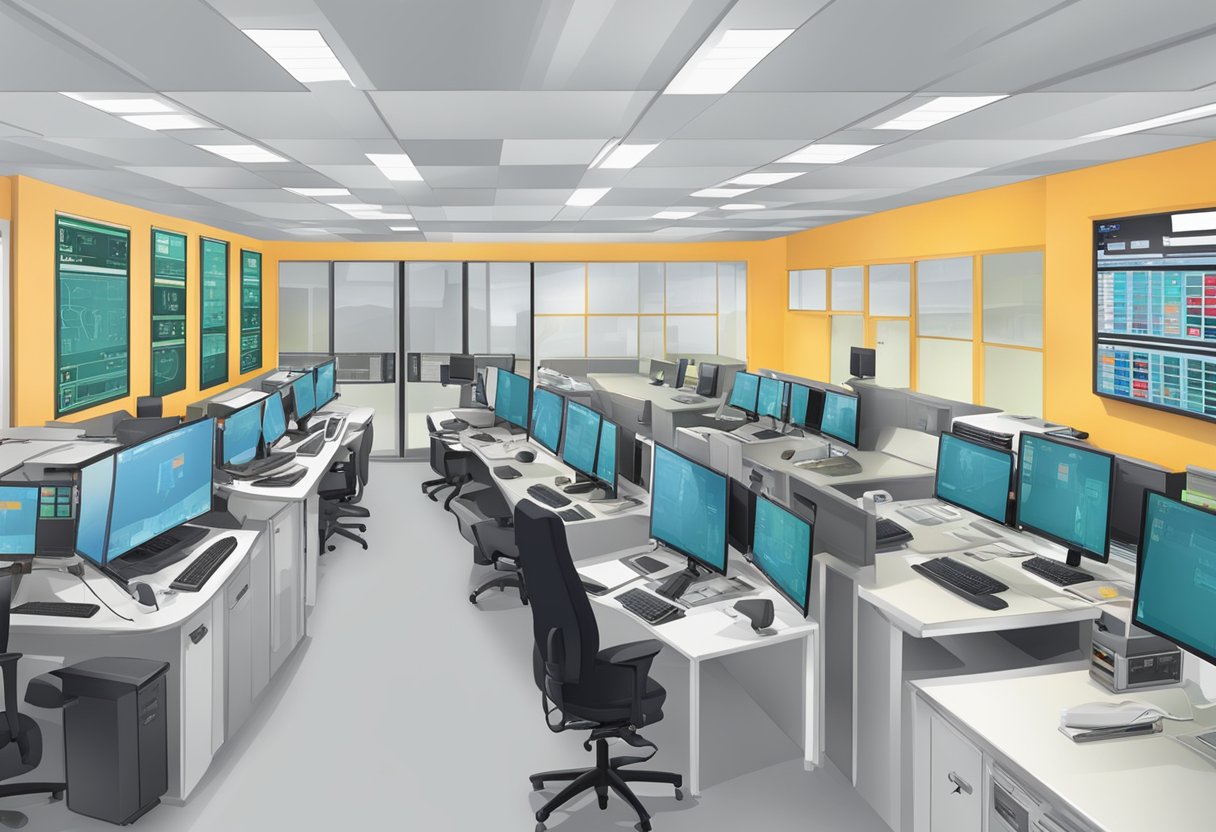 Centro de despacho de ambulâncias de emergência com equipe coordenando chamadas e monitorando telas