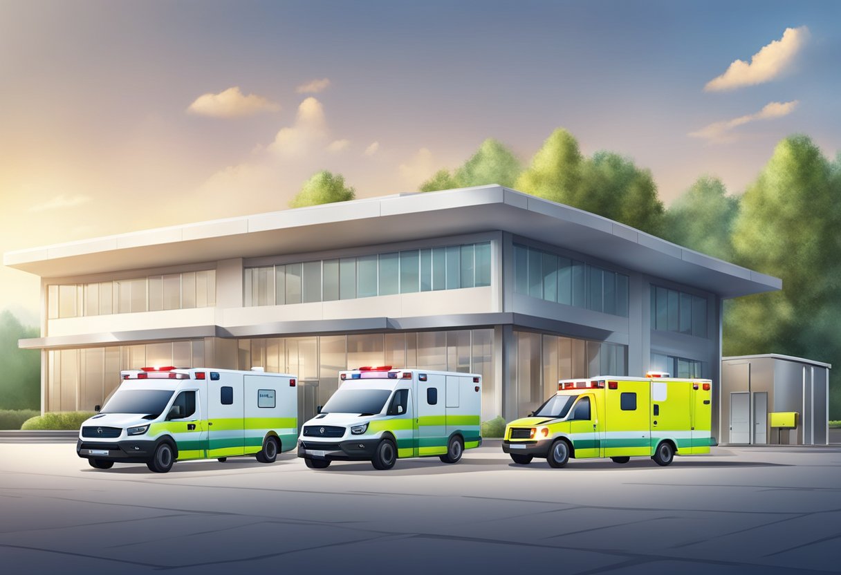 Uma estação de ambulância moderna com ambulâncias, equipamentos médicos e tecnologia