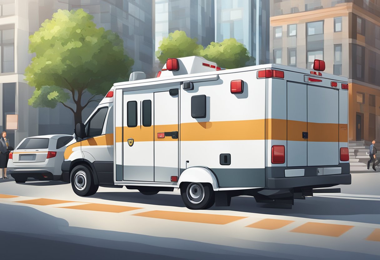 Uma ambulância estacionada em um local central, com foco na privacidade e no tratamento de dados.