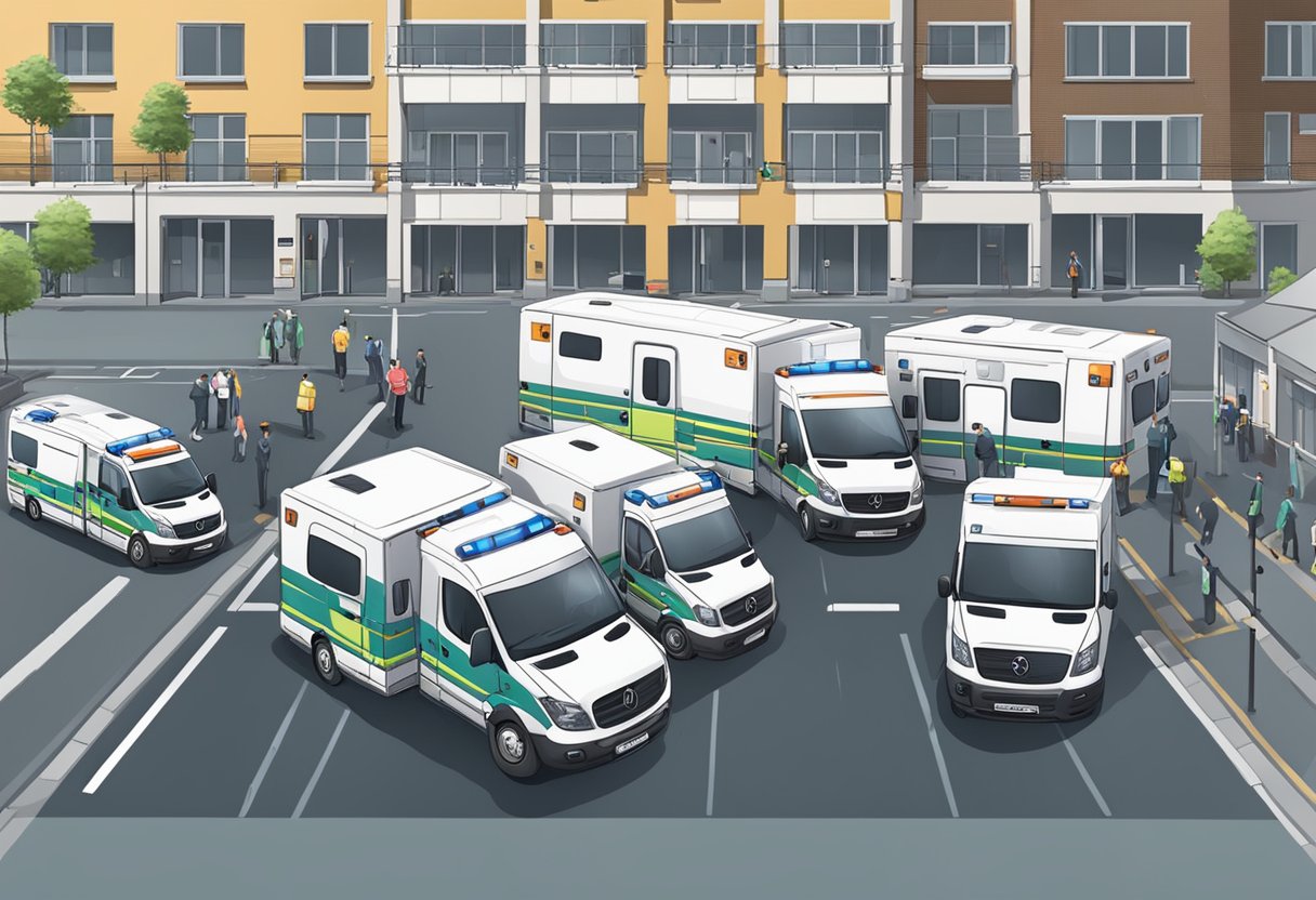 Uma frota de ambulâncias estacionadas do lado de fora de um movimentado serviço de ambulâncias central, com paramédicos e funcionários trabalhando de forma eficiente e com propósito.