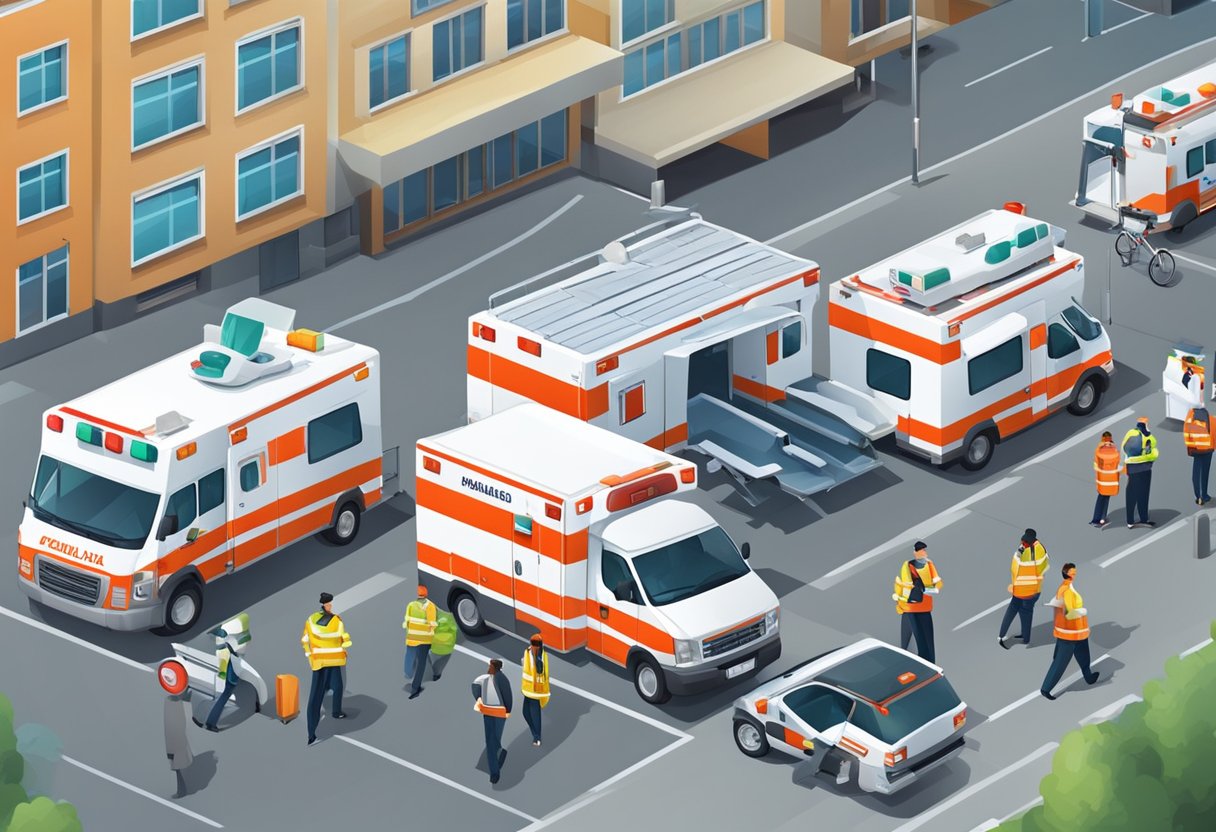 Uma central de ambulâncias com veículos estacionados, equipamentos médicos e funcionários se movimentando.