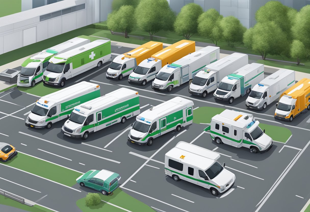 Um depósito central de ambulâncias com vários tipos de ambulâncias estacionadas em fileiras, incluindo ambulâncias padrão, unidades móveis de terapia intensiva e veículos especializados para diferentes emergências médicas.