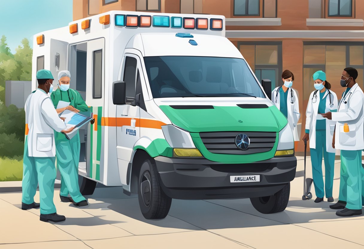 Uma equipe de profissionais de saúde trabalhando em torno de uma ambulância central.