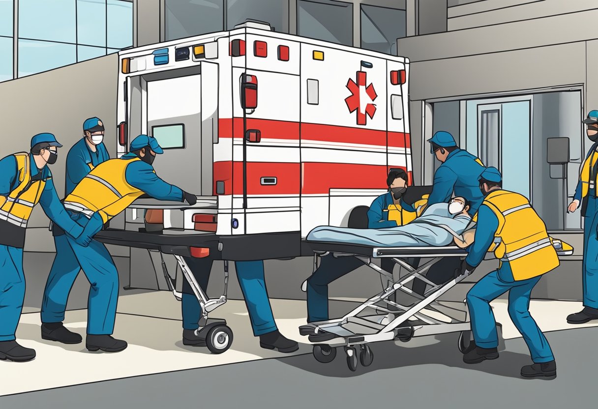 Paramédicos descarregando paciente da ambulância na entrada do hospital