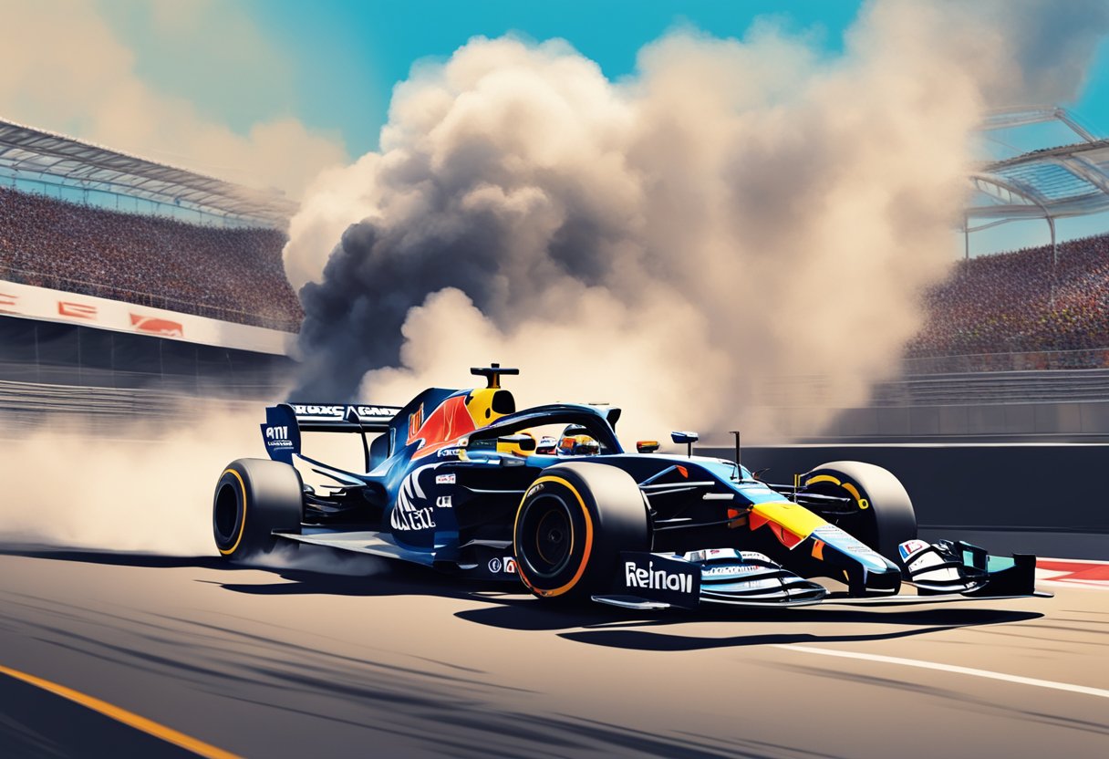 A race car speeding off the track, smoke billowing from the engine, as Daniel Ricciardo looks on in frustration