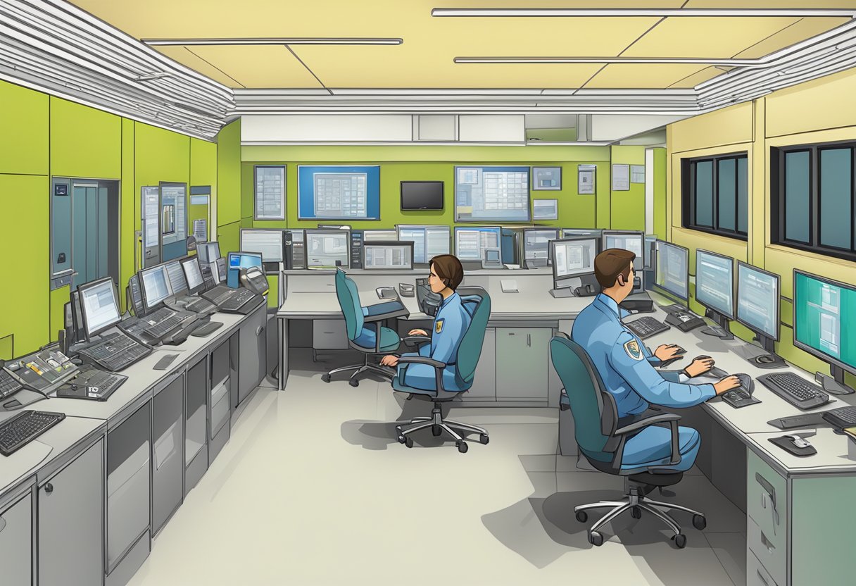 Uma sala central de coordenação de emergência de ambulâncias com equipe e várias linhas telefônicas