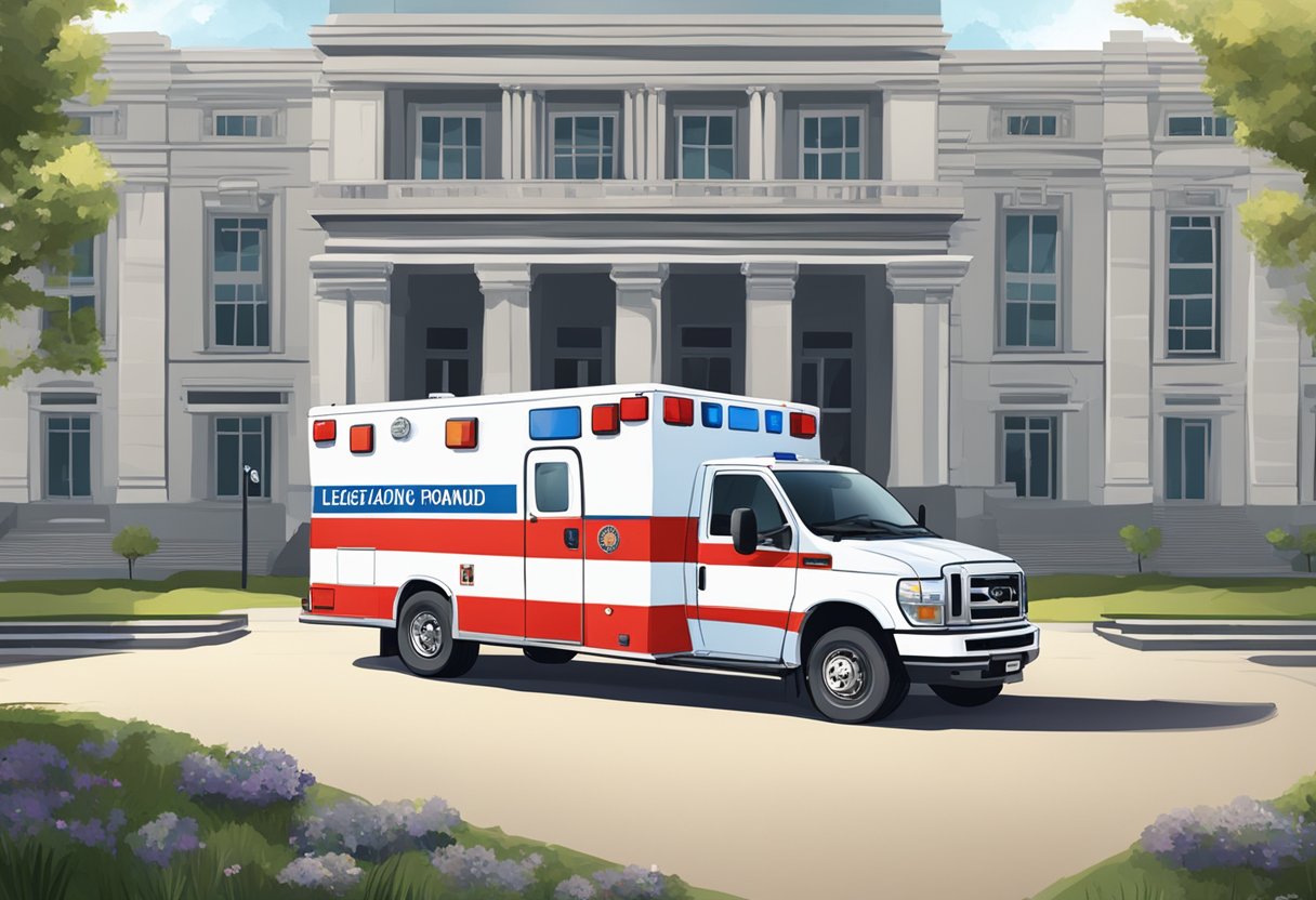 Uma ambulância estacionada em frente a um prédio do governo, com uma grande placa exibindo "Legislação e Normas" em destaque.