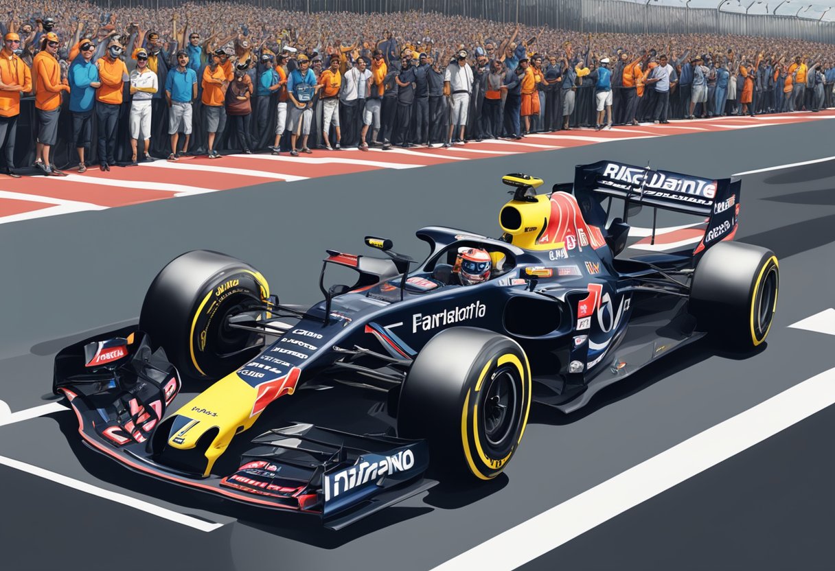 A Formula 1 race car with Daniel Ricciardo's name and number on the side, surrounded by a crowd of fans and journalists