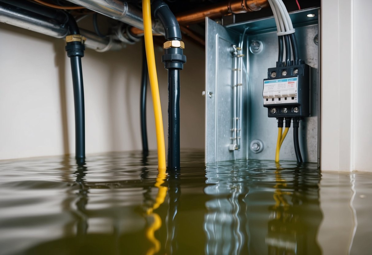 Water seeping from burst pipe damages electrical panel in flooded basement