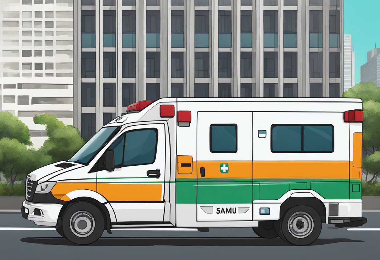 Uma ambulância com o logo do SAMU estacionada em frente a um prédio em São Paulo