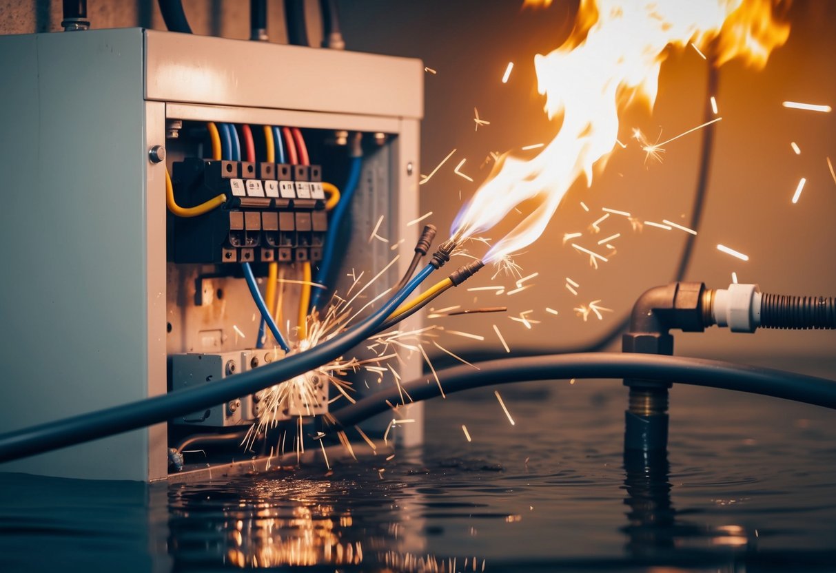 Sparks fly from damaged wires, causing a fire in the electrical panel, while water seeps from a burst pipe, creating a hazardous and chaotic scene