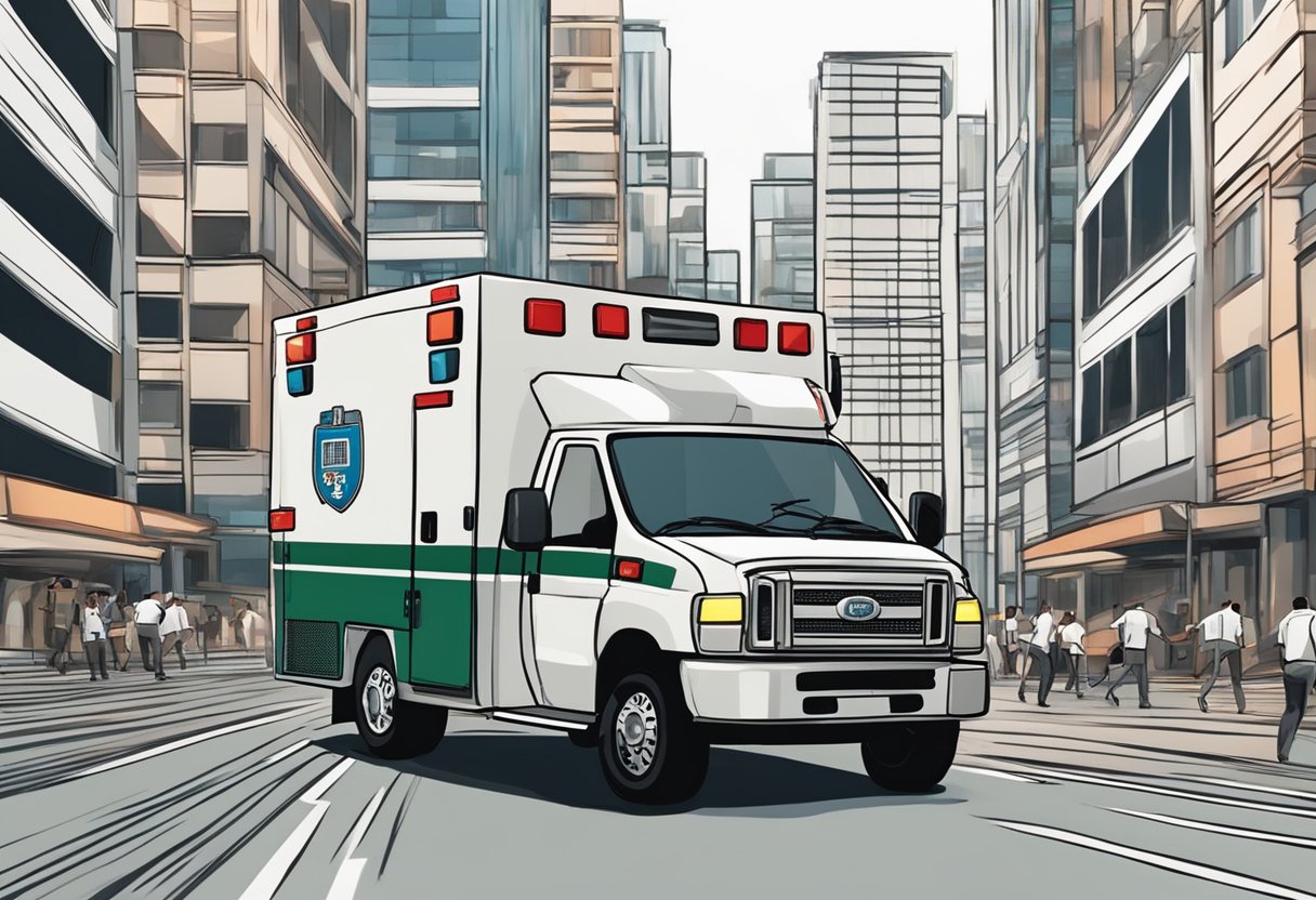 Uma ambulância acelerando pelas ruas da cidade com sirenes tocando e luzes piscando, apressando-se para responder a um chamado de emergência urgente em São Paulo.