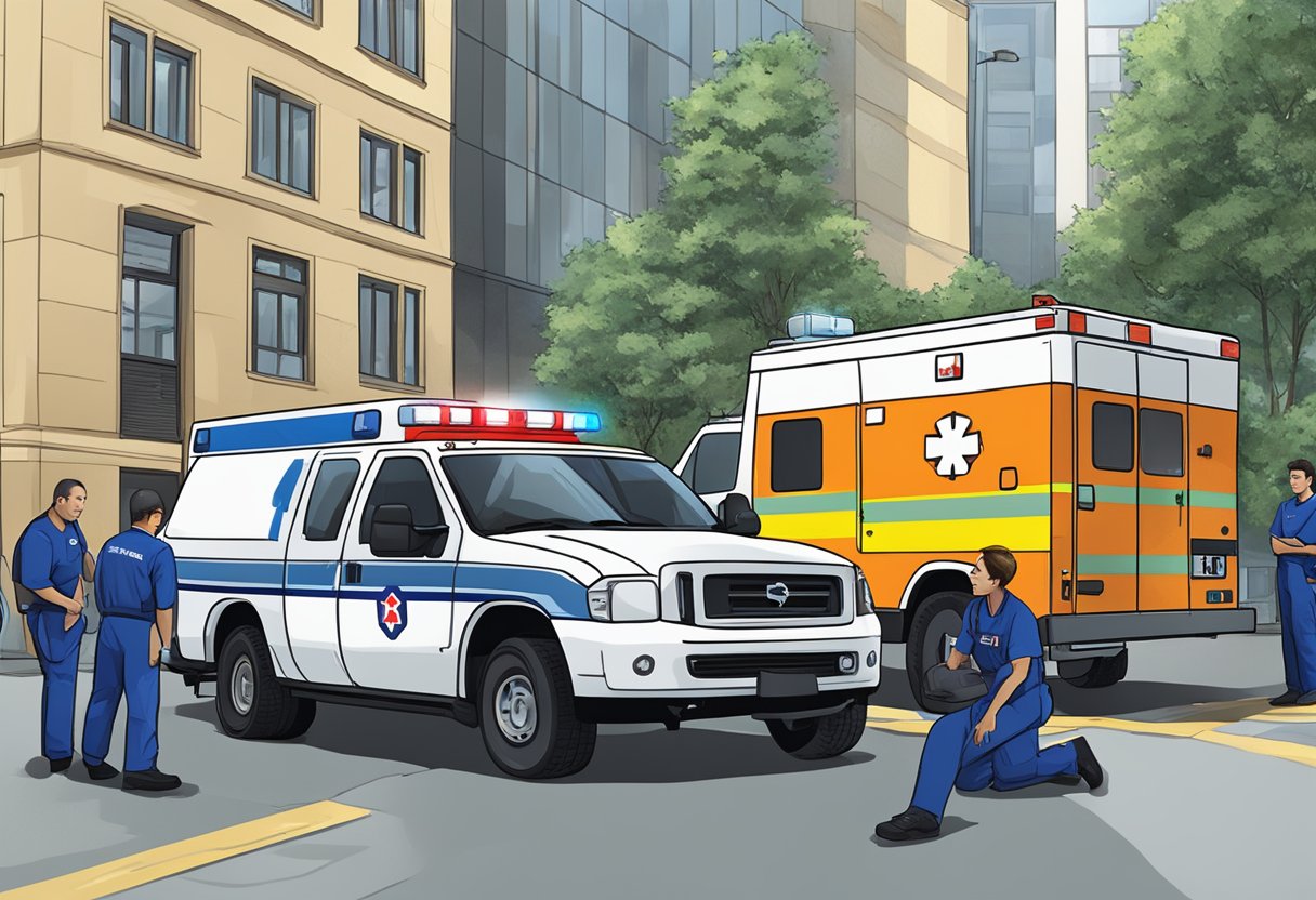 Um grupo de paramédicos uniformizados cercando uma ambulância com o número "SP" na lateral, se preparando para uma sessão de treinamento.