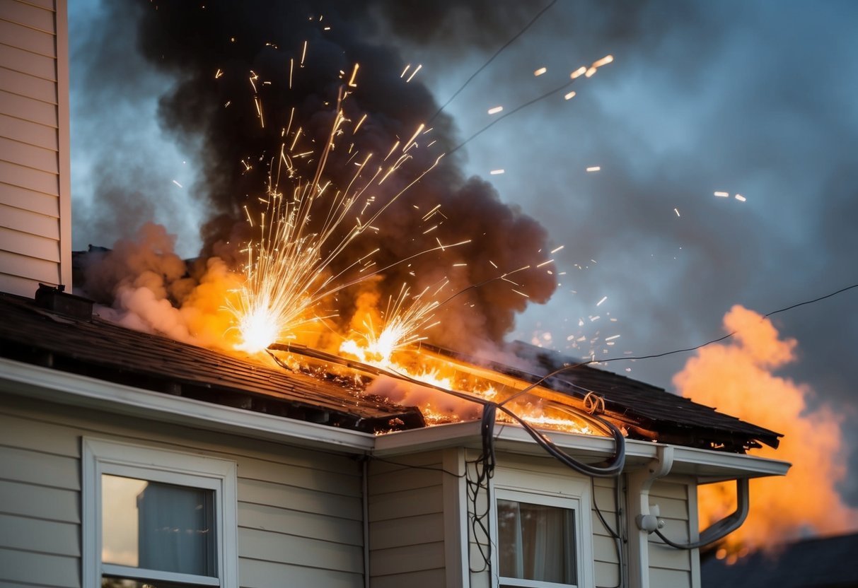 Sparks fly from exposed wires, causing a fire in the home's electrical system. Smoke billows as appliances short-circuit and lights flicker