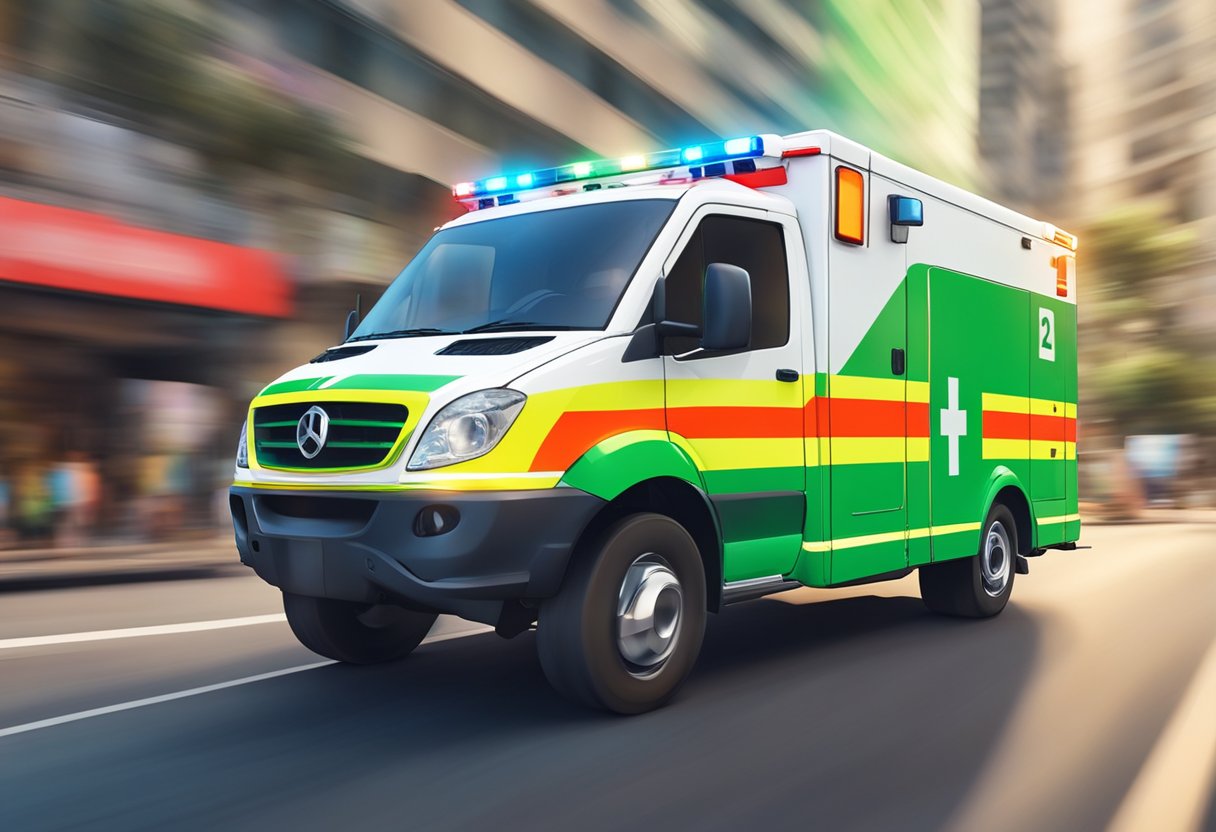 Uma ambulância acelerando pelas ruas de São Paulo, com sua sirene tocando e luzes piscando, enquanto se integra com outros serviços de emergência.