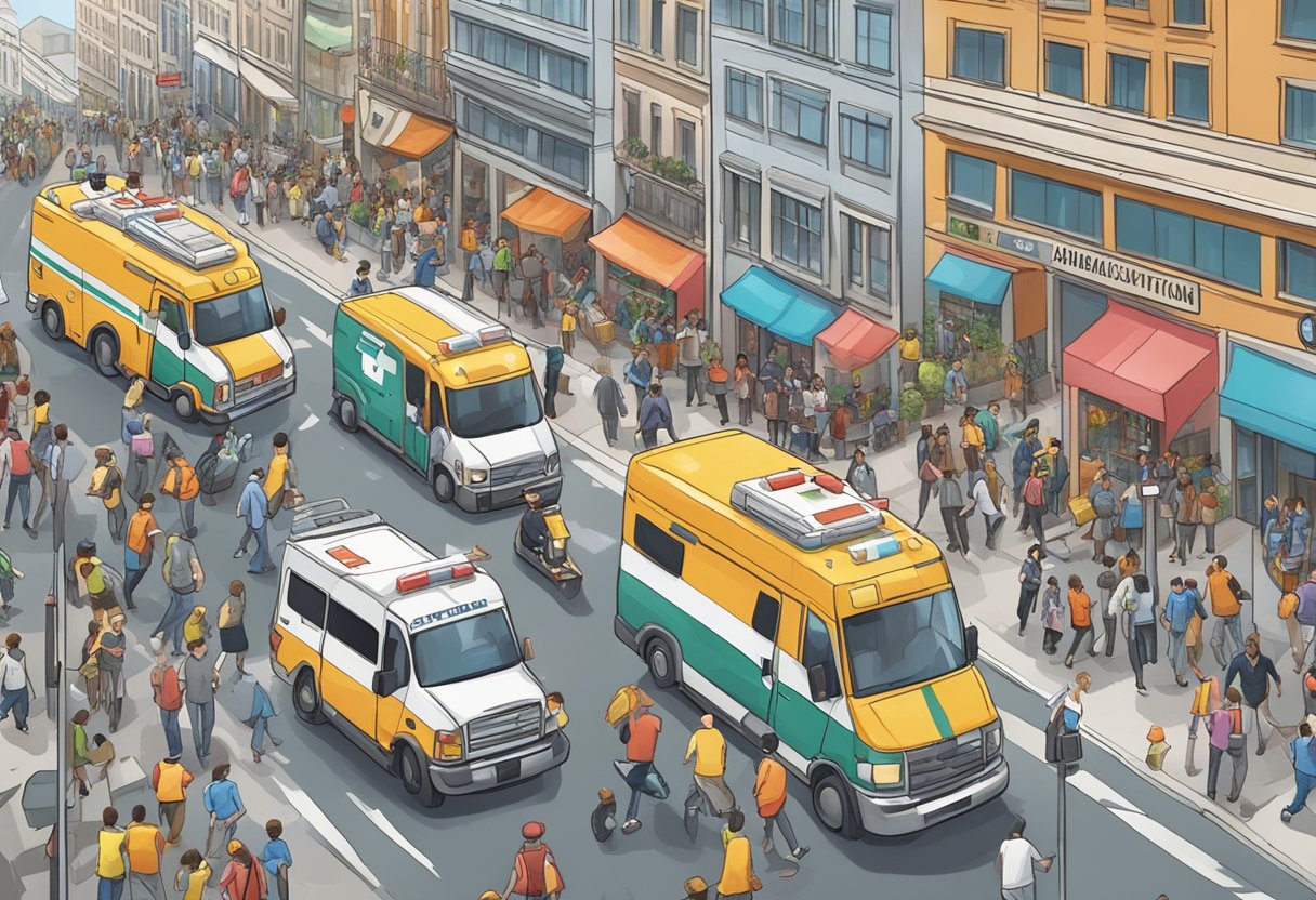 Uma rua movimentada da cidade com uma ambulância correndo pelo trânsito, cercada por pessoas envolvidas em atividades de educação e prevenção em saúde.