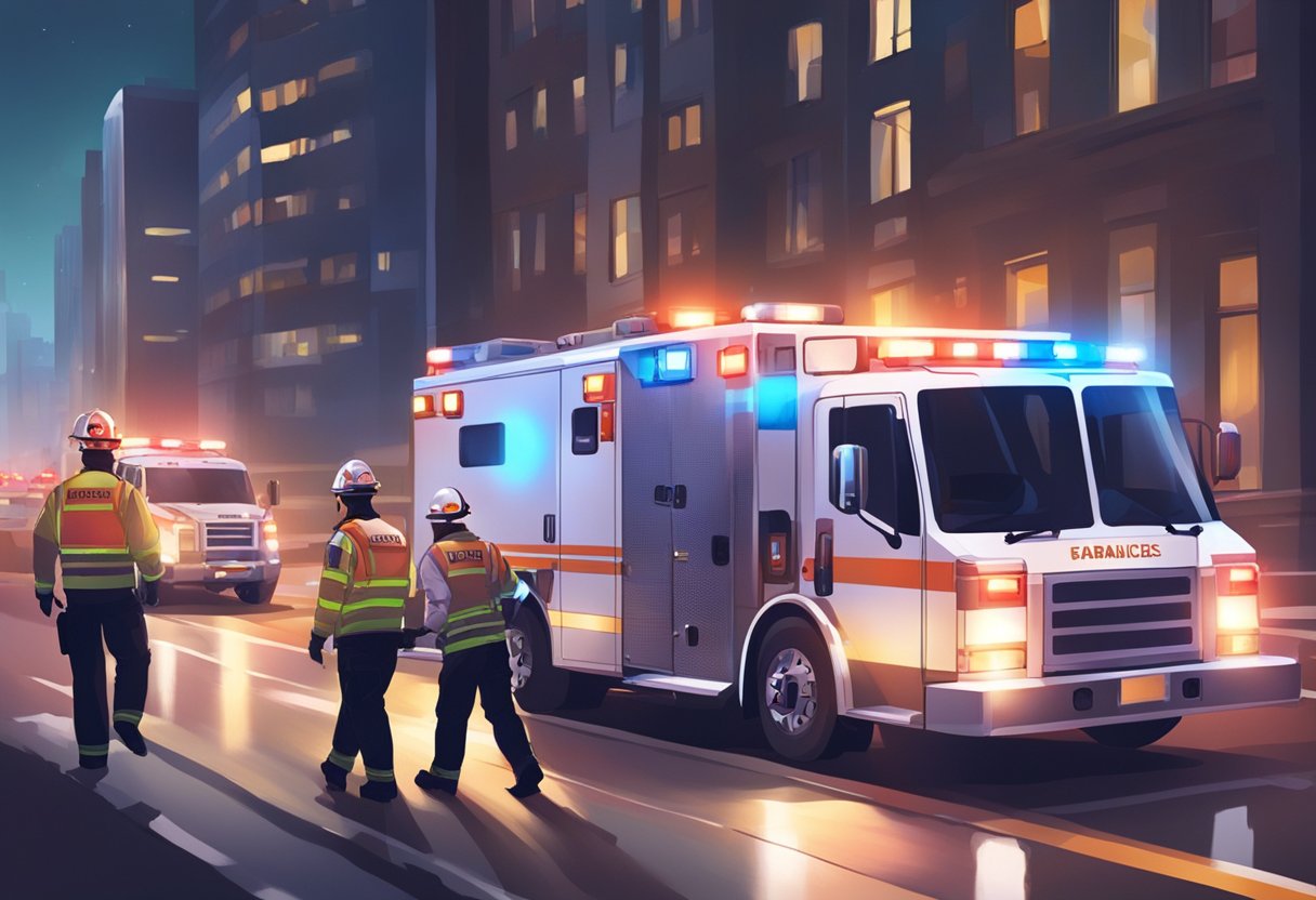 Veículos de emergência correndo pelas ruas da cidade à noite, com luzes piscando e sirenes soando. Uma equipe de paramédicos atendendo a um paciente em uma maca.