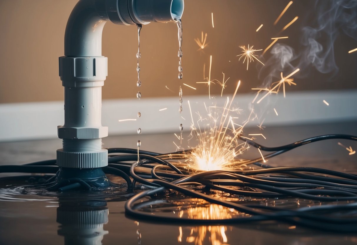 Water dripping from a burst pipe onto a tangled mess of exposed electrical wires, sparks flying, and smoke rising from a damaged home electrical system