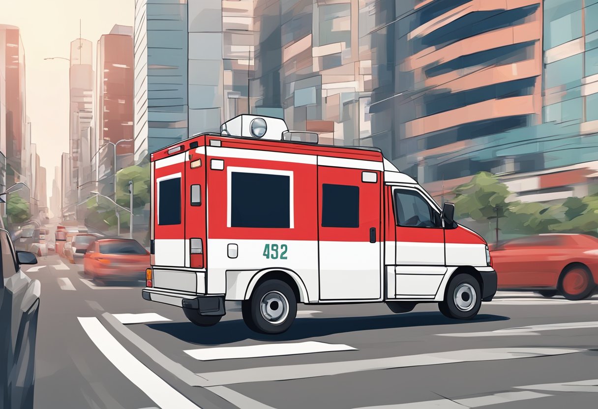 Uma ambulância vermelha e branca acelerando pelas movimentadas ruas de São Paulo, com o horizonte da cidade ao fundo.