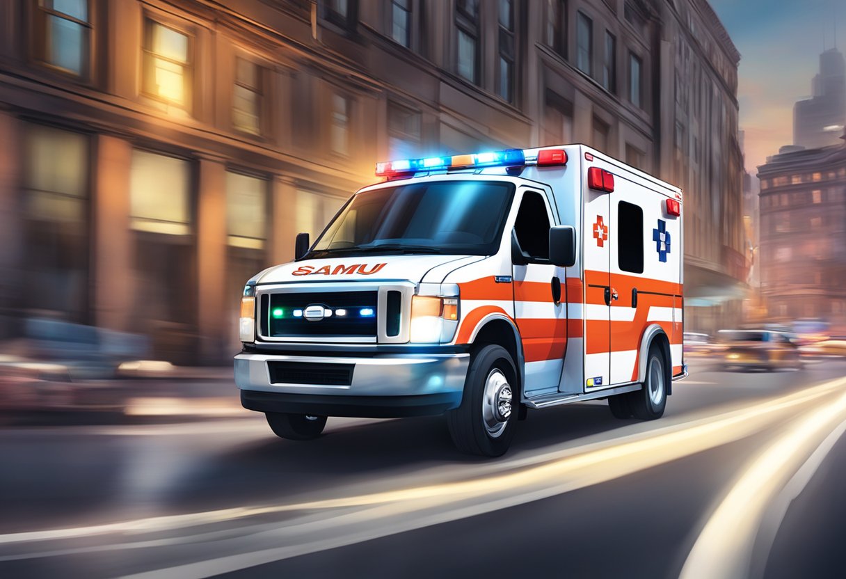 Uma ambulância com o logo do SAMU SP correndo pelas ruas da cidade com sirenes acionadas e luzes piscando