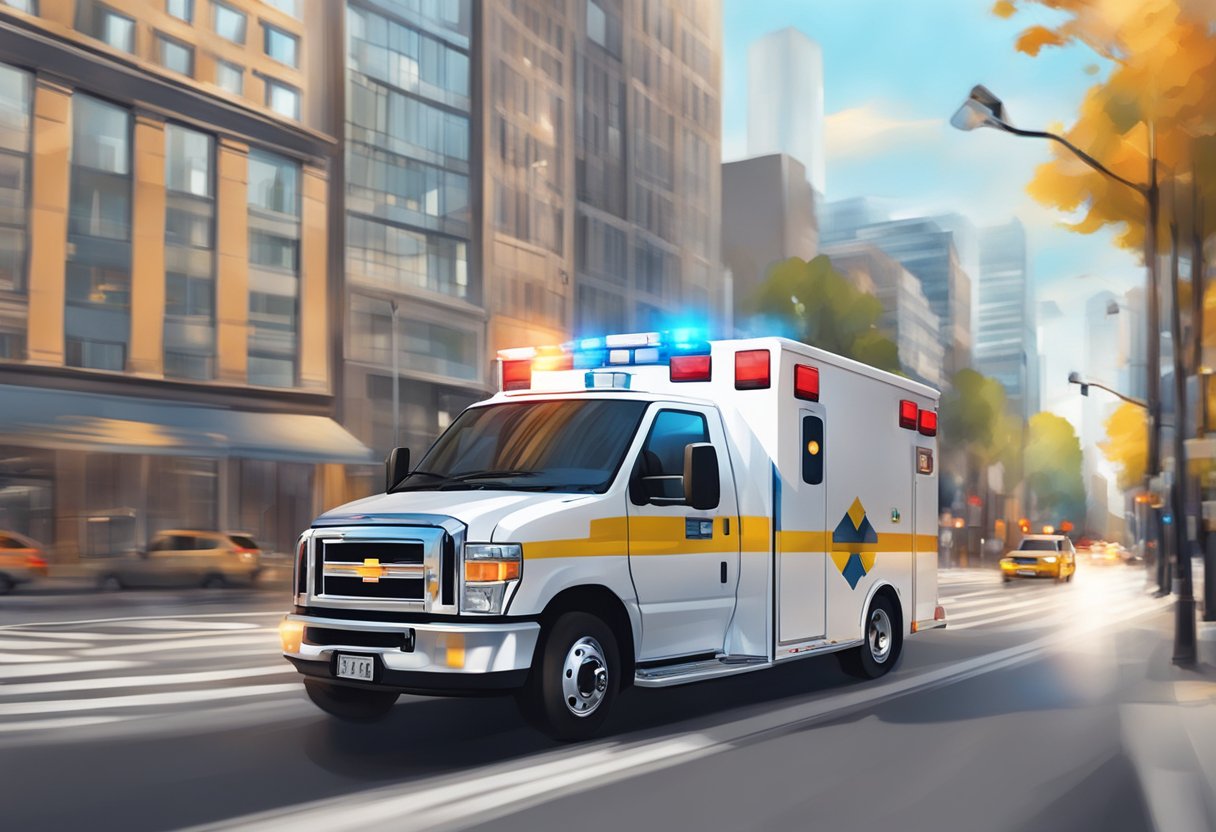 Uma ambulância acelerando pelas ruas da cidade com luzes piscando e sirenes soando