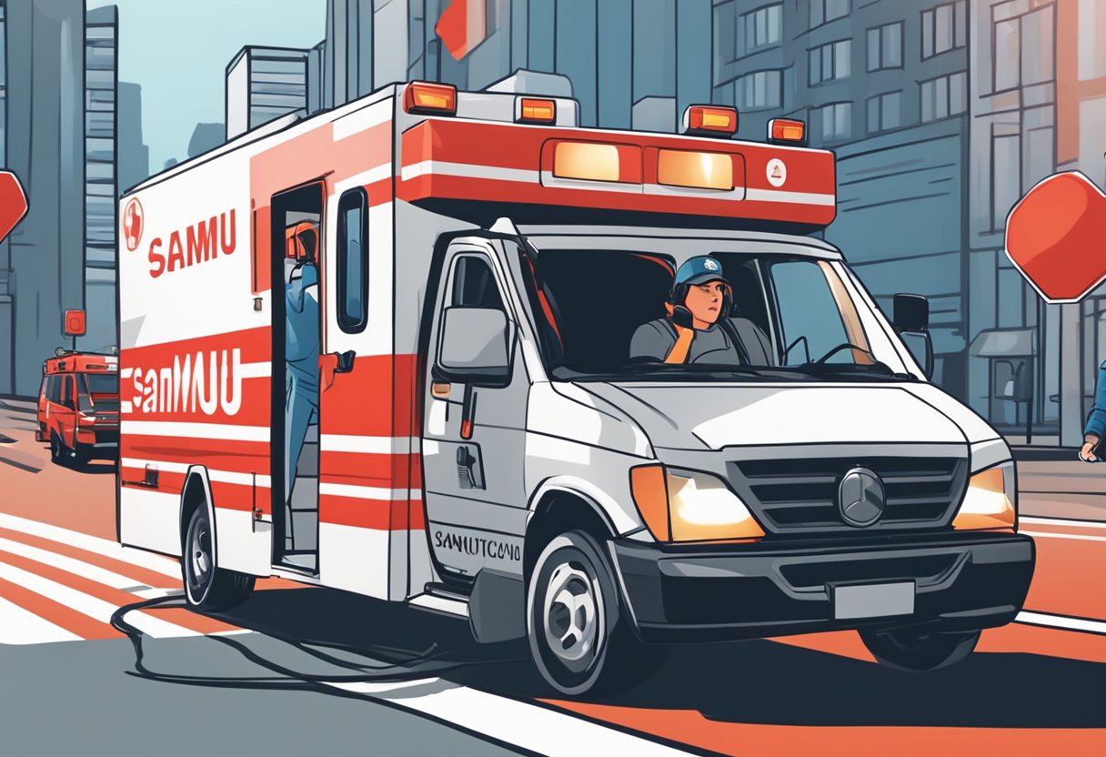 Uma pessoa em apuros falando ao telefone enquanto uma ambulância vermelha e branca com o logo do SAMU passa apressadamente pelas ruas da cidade.