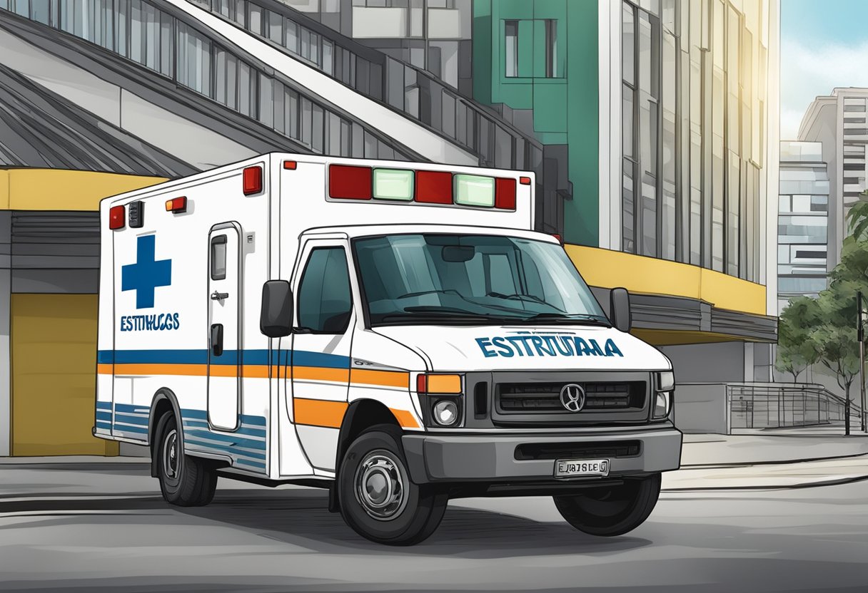 Uma ambulância estacionada do lado de fora de um prédio rotulado "Estruturas e Serviços Complementares" em São Paulo.