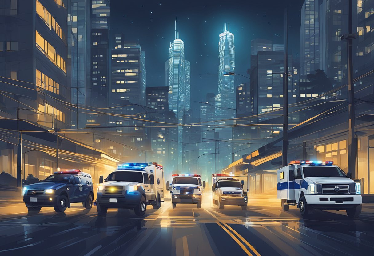 Veículos de emergência navegando pelas ruas da cidade à noite, com o icônico horizonte de São Paulo ao fundo