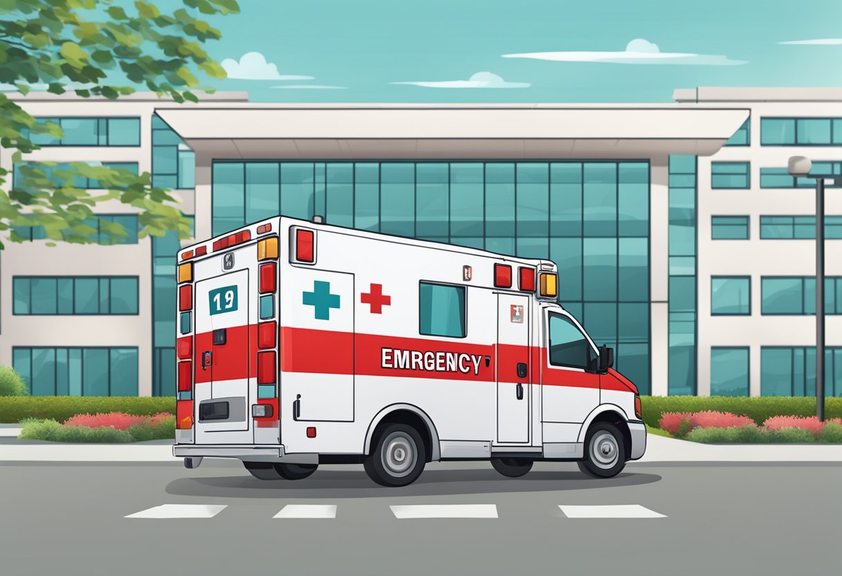 Uma ambulância vermelha e branca estacionada do lado de fora de um hospital, com o número de emergência "192" exibido de forma destacada no veículo.