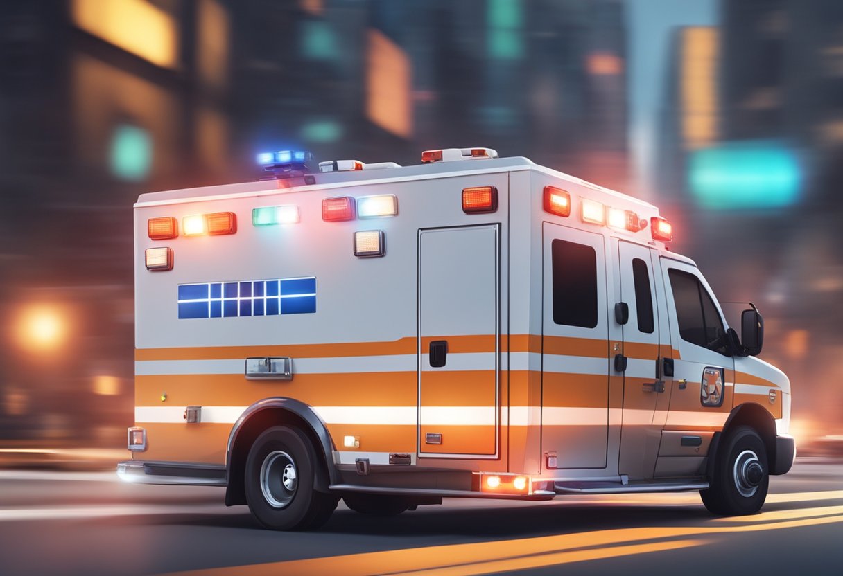 Uma ambulância acelerando pelas ruas da cidade com luzes piscando e sirenes estrondosas, correndo para atender a vários tipos de emergências e situações urgentes.