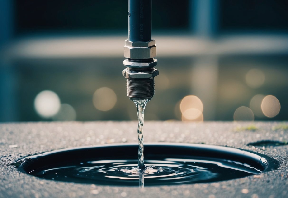 Water drips from a damaged electrical conduit, pooling on the ground below