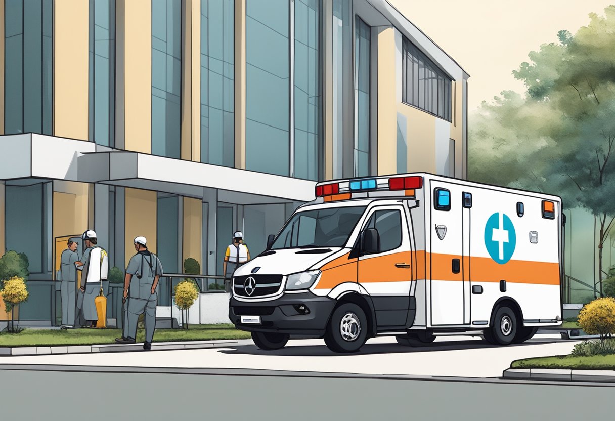 Uma ambulância estacionada do lado de fora de uma instalação de treinamento em São Paulo, com equipamentos médicos e pessoal visíveis.