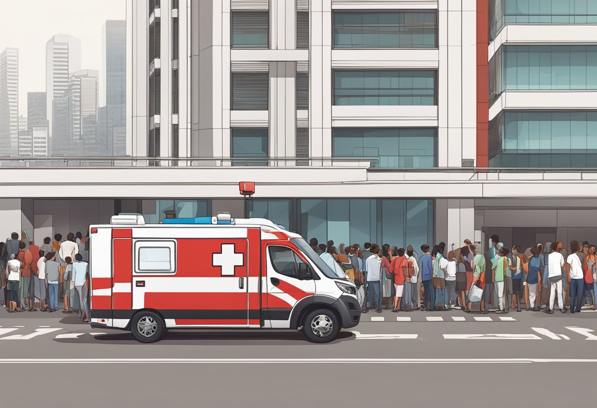 Uma ambulância vermelha e branca estacionada em frente a um prédio público em São Paulo, com pessoas esperando na fila por atendimento.