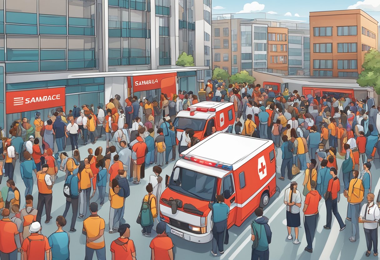Uma rua movimentada da cidade com uma ambulância do SAMU vermelha brilhante estacionada em frente a um hospital, cercada por uma multidão de pessoas esperando por assistência médica.